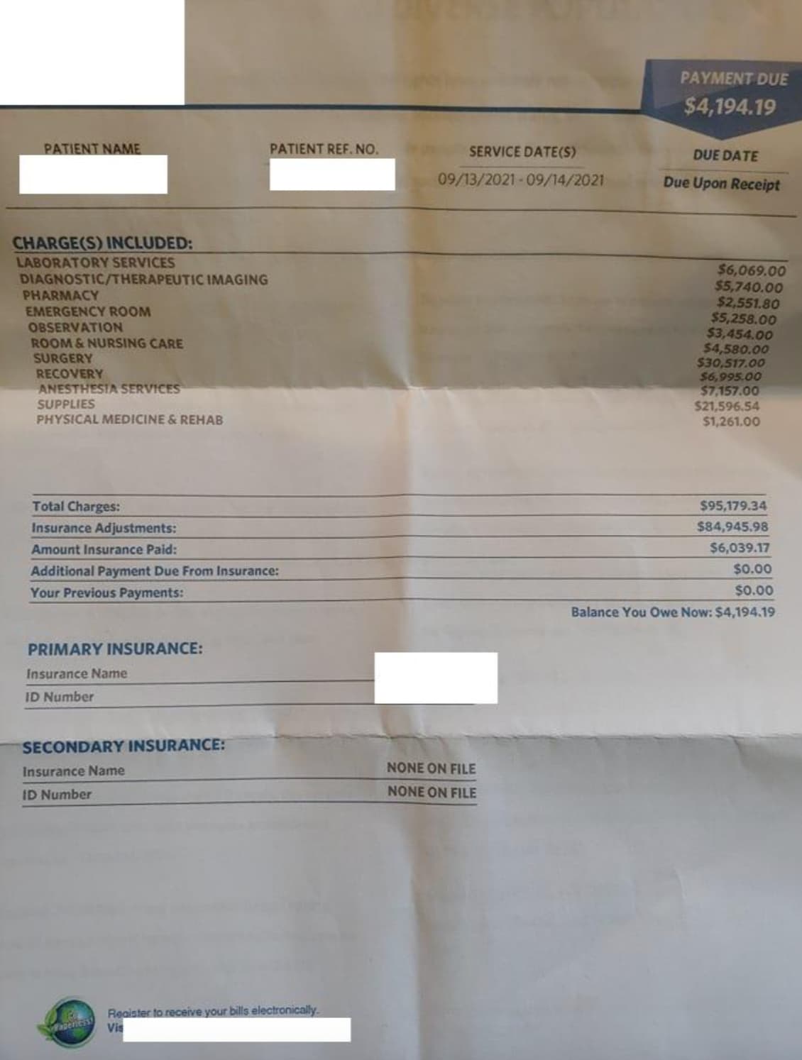 Patient Name Patient Ref. No. Service DateS 09132021 ChargeS Included Laboratory Services DiagnosticTherapeutic Imaging Pharmacy Emergency Room Observation Room & Nursing Care Surgery Recovery Anesthesia Services Supplies Physical Medicine & Rehab Payment